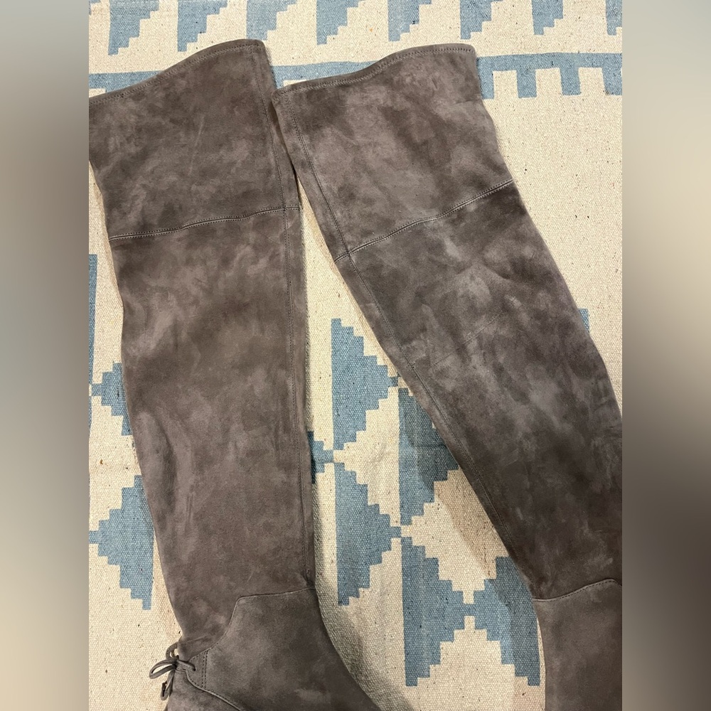 Tory Burch Laila Suede Over the Knee Grey Boots Block Heel Bow Gold Tall Leather - Picture 4 of 16